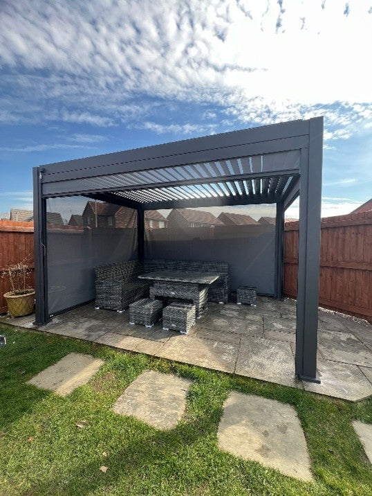 Conceptual terrace with outdoor kitchen, dining table and fire-side lounge zones